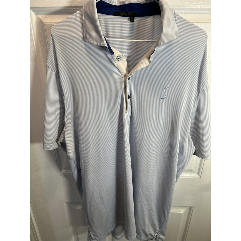 Greyson Polo Shirt XL Blue Stripe Golf Stretch Preppy Casual Golfer Wolf Men’s